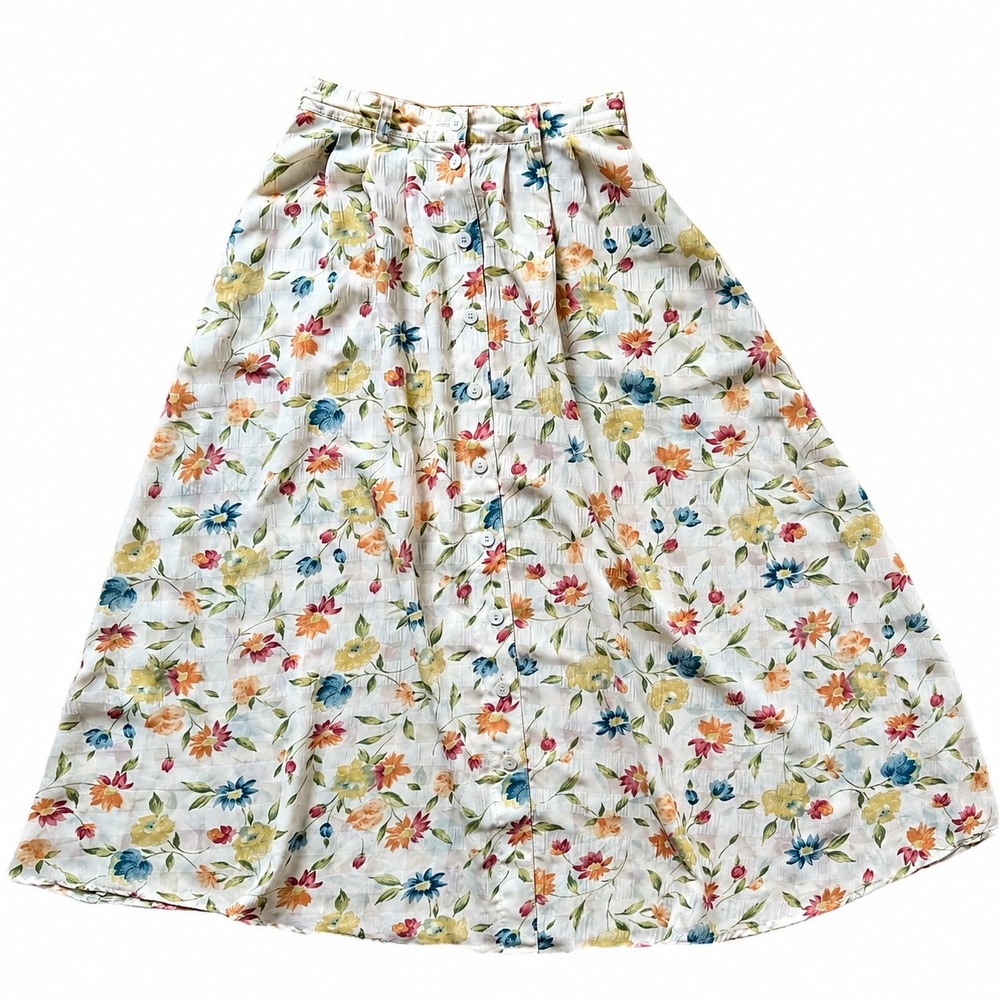 Portfolio Australia Vintage Floral Button Front Midi Skirt Cream Multi Size 10